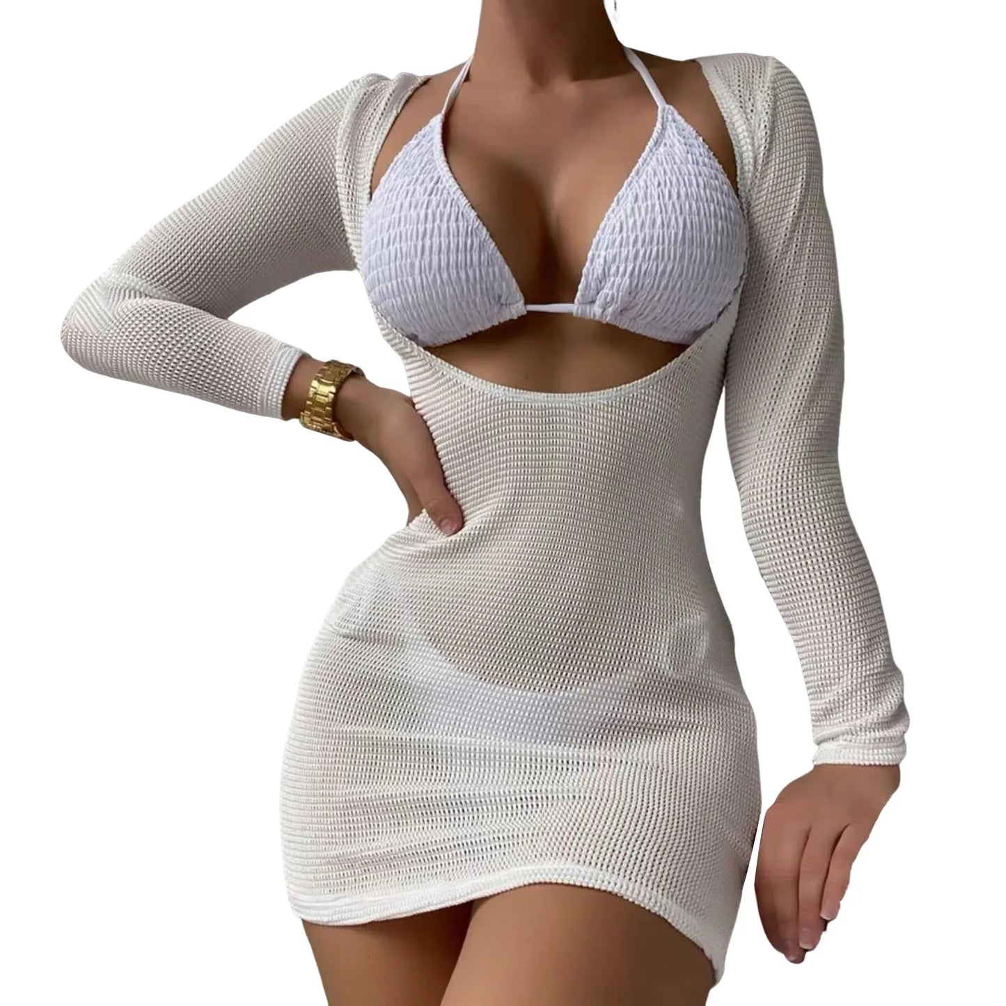 Conjunto de biquíni feminino de 3 peças com sutiã frente única, amarração nas costas e saída de praia em malha. Cor sólida. Ideal para mulheres.
