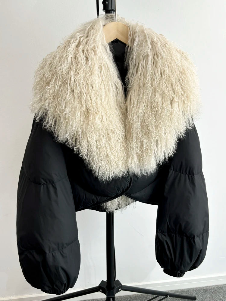 Janveny-Casaco de ovelha mongol de penas curtas para mulheres, 90% Duck Down Parkas, casaco de inverno feminino, 2024