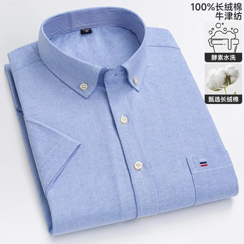 100% algodão puro oxford camisas masculinas manga curta xadrez macio regular ajuste formal vestido camisa blusa social roupas masculinas 6xl 7xl