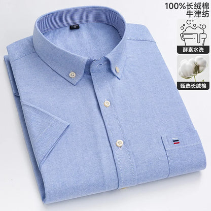 100% algodão puro oxford camisas masculinas manga curta xadrez macio regular ajuste formal vestido camisa blusa social roupas masculinas 6xl 7xl