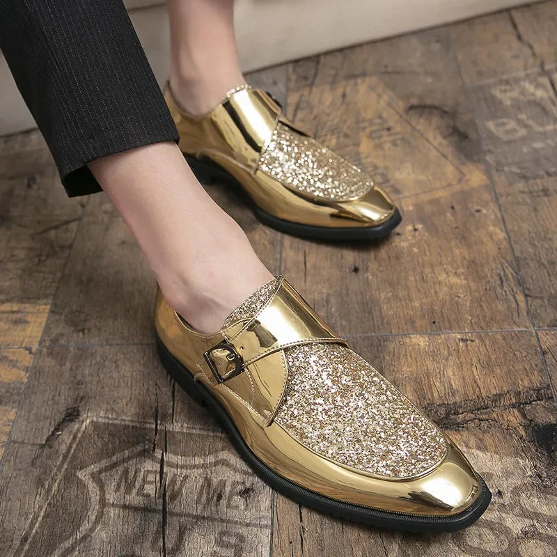 Sapatos masculinos casuais verão brilho ouro vestido de couro patente para homens mocassins de ouro negócios apontou bussiness luxo