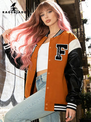 Jaqueta Casual Feminina Estilo Varsity, Casaco Letterman de Beisebol, Roupa de Rua com Bordado Fino e Mangas de Couro Sintético