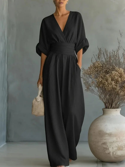 Sexy Deep V Neck Women's Jumpsuits Elegant High Waist Romper Casual Wide Leg Loose Pants Overalls Vacation Outfits MYQ-ZY7723
