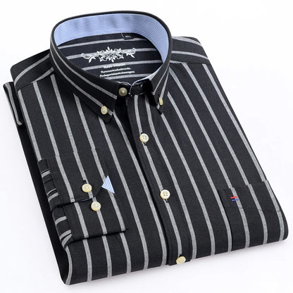 Camisa masculina de manga comprida oxford com botão no peito esquerdo confortável outono inverno ajuste regular casual versátil moda