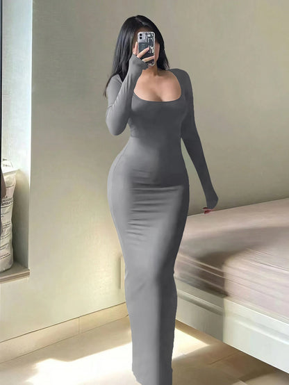 Vestido longo feminino liso de manga comprida, modelo bodycon, elegante, básico, minimalista e casual, com decote redondo.