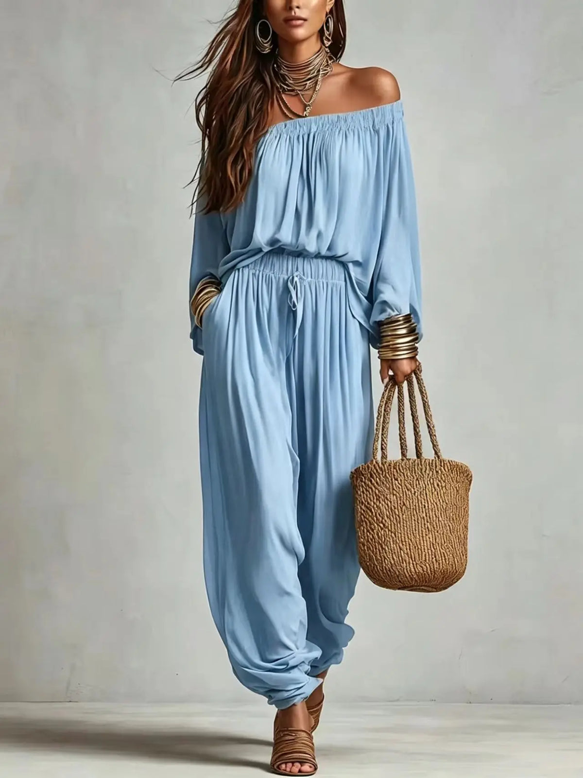 Conjunto Elegante de Duas Peças com Blusa de Manga Longa Off Shoulder e Calças Jogger com Cordão para Mulheres