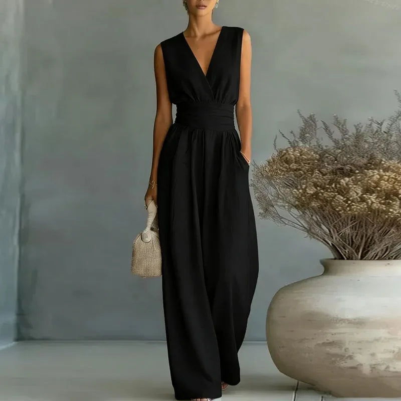 2026 Deep V Neck Women's Jumpsuits Elegant Solid High Waist Rompers Casual Wide Leg Pants Pocket Overalls Vacation Outfit Loose