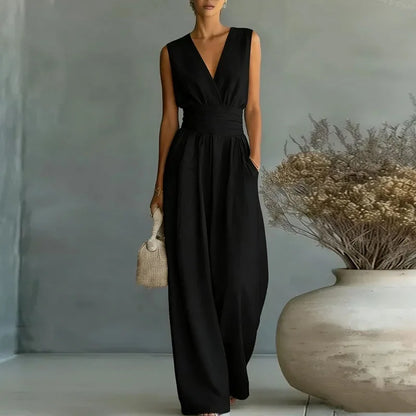 2026 Deep V Neck Women's Jumpsuits Elegant Solid High Waist Rompers Casual Wide Leg Pants Pocket Overalls Vacation Outfit Loose