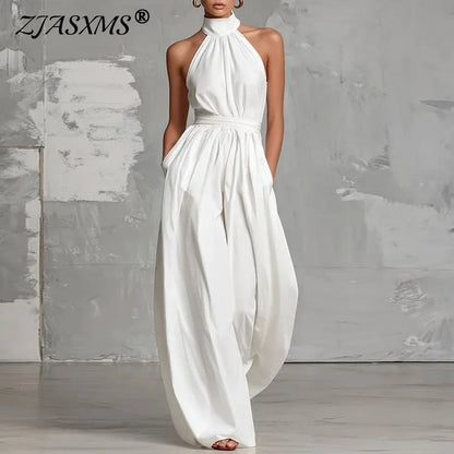 Macacão Feminino Novo de Primavera com Decote Halter, Renda Vazada, Cintura Alta, Sem Mangas, Bolsos e Pernas Largas - Perfeito para o Verão