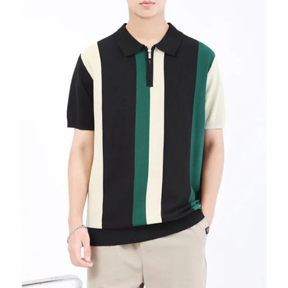 Camiseta Masculina de Verão com Listras, Camisa Polo Elegante e Minimalista, Suéter de Malha Versátil