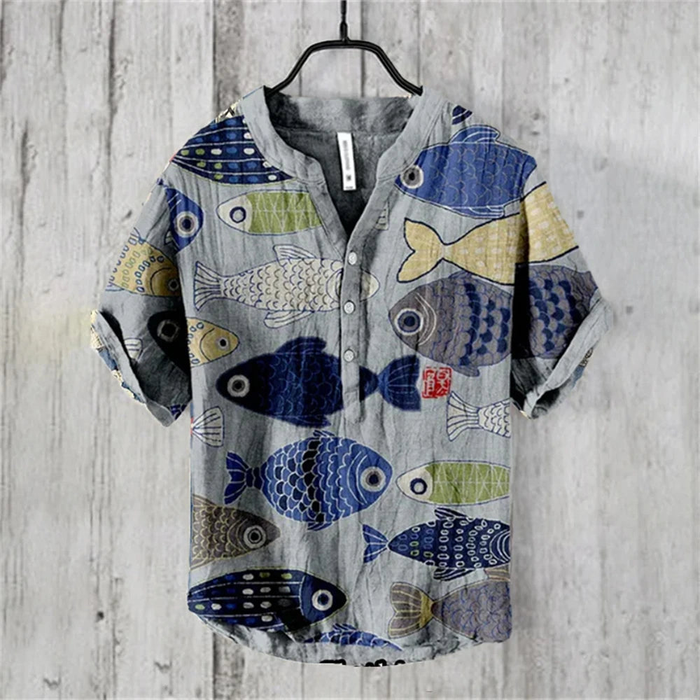 Camisa Polo Masculina de Manga Curta com Estampa de Carpa Japonesa Retro Ukiyo-E, Confortável e de Alta Qualidade