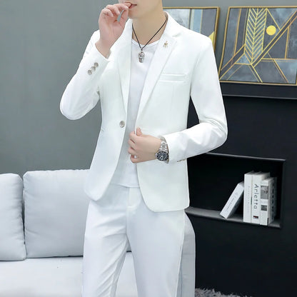 Slim Fit Two-Piece Suit Casual Business Style Solid Color Autumn  Dress Suit with Trousers Included Stylish Men's Costume