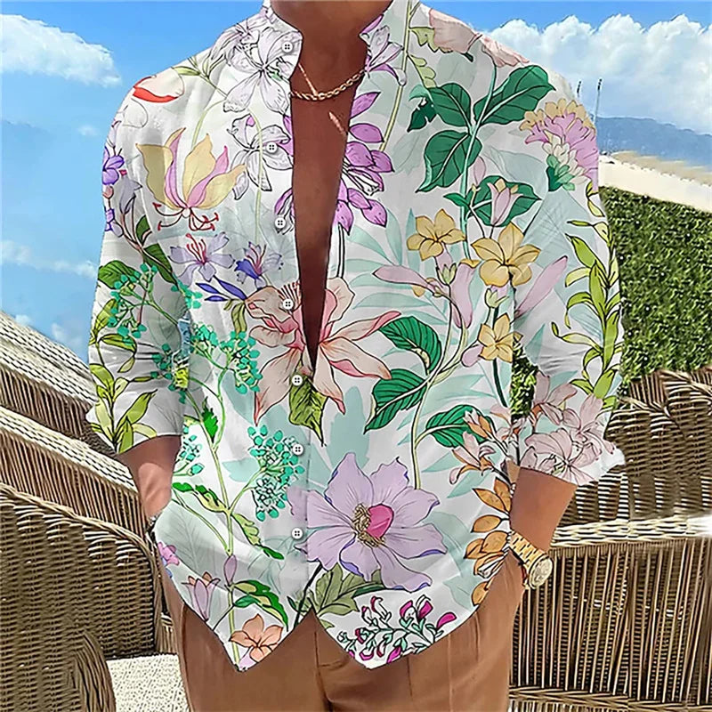 Camisa masculina de manga comprida Camisa impressa em 3D de alta qualidade, padrão floral, primavera e outono, tecido casual e elegante e confortável
