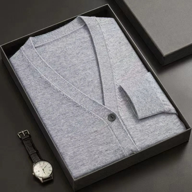 Cardigã Masculino Novo de Tricô com Gola V, Manga Longa, Abotoado, Cor Sólida, Leve, Grosso e Quente para Inverno