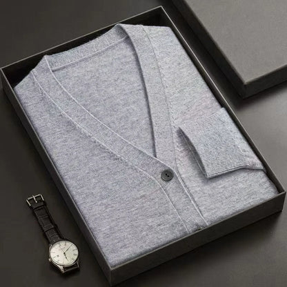 Cardigã Masculino Novo de Tricô com Gola V, Manga Longa, Abotoado, Cor Sólida, Leve, Grosso e Quente para Inverno