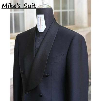 Terno Masculino Azul Marinho Escuro Transpassado 2 Peças (Jaqueta e Calça) para Festa, Smoking, Banquete, Moda, Noivo, Casamento