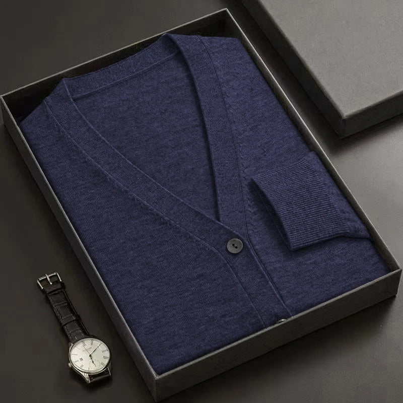 Cardigã Masculino Novo de Tricô com Gola V, Manga Longa, Abotoado, Cor Sólida, Leve, Grosso e Quente para Inverno