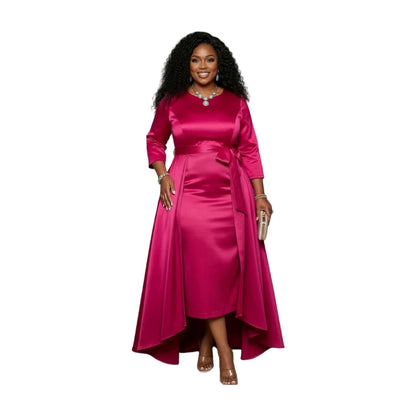 Vestido de Cetim Plus Size com Manga 3/4, Cinto na Cintura e Barra Assimétrica para Ocasiões Formais Femininas - Nova Chegada