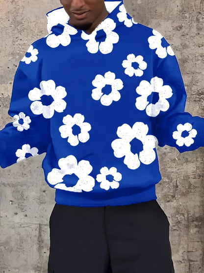 Men'S Casual Black Hoodie with White Floral Print Trendy Long Sleeve Pullover Regular Fit Slight Stretch Fabric Y2K Streetwear