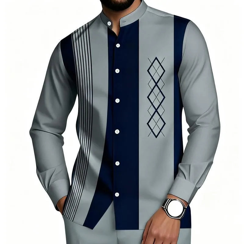 Camisa Masculina de Manga Longa com Gola Mandarim e Estampa Listrada de Diamante, Blusa Casual com Botões