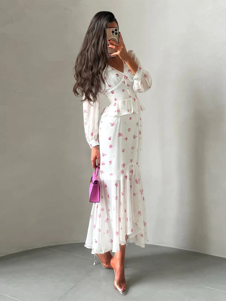 Vestido Midi Plissado com Decote em V e Cintura Marcada, Manga Curta com Lapela, Cintura Alta, Elegante, Novo, Feminino, Verão