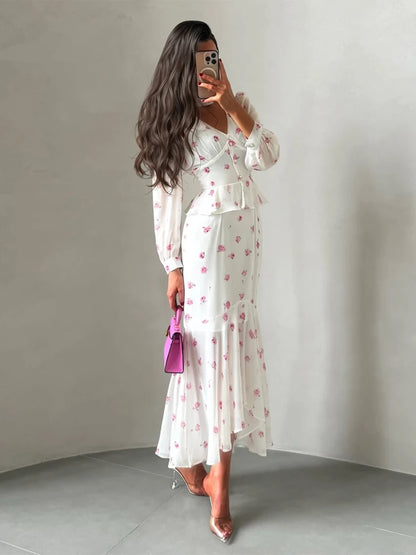 Vestido Midi Plissado com Decote em V e Cintura Marcada, Manga Curta com Lapela, Cintura Alta, Elegante, Novo, Feminino, Verão