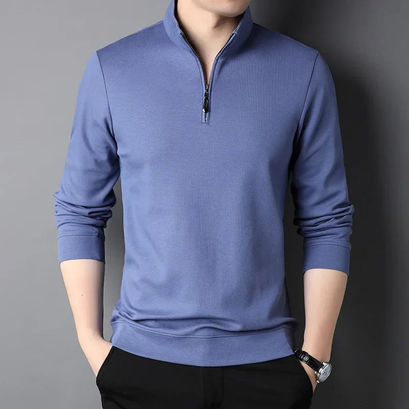 primavera e outono pulôver masculino gola zíper sólido manga longa camiseta alta pescoço polo inferior moda casual topos