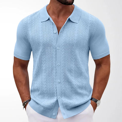 Camisa Polo Masculina Premium de Malha com Botões, Cor Sólida, Manga Curta, Cardigã Vazado, Respirável, Casual, Moda Verão