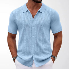 Camisa Polo Masculina Premium de Malha com Botões, Cor Sólida, Manga Curta, Cardigã Vazado, Respirável, Casual, Moda Verão