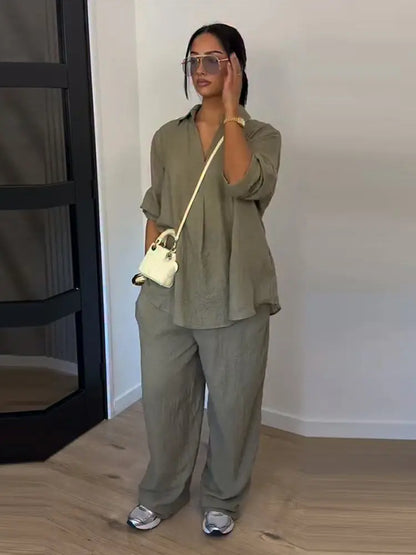 Fashion Solid Long Pants Set Women Chic Lapel Single Breasted Shirt High Waist Wide Leg Trousers 2026 Spring Summer 2 Pcs Outfit