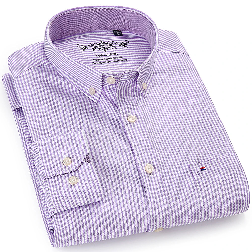 Camisa masculina de manga comprida oxford com botão no peito esquerdo confortável outono inverno ajuste regular casual versátil moda