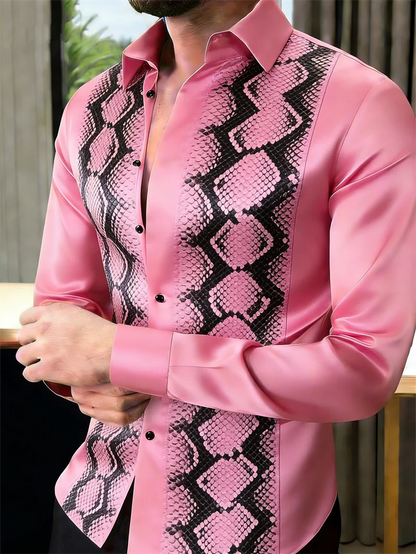 Nova Camisa Masculina Estampada em 3D com Escamas de Cobra, 10 Cores, Casual, de Manga Longa e com Botões