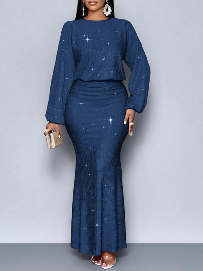 Vestido Elegante de Manga Longa com Decote Redondo e Cintura Alta para Mulheres, Vestido de Festa Formal Chic para Noite