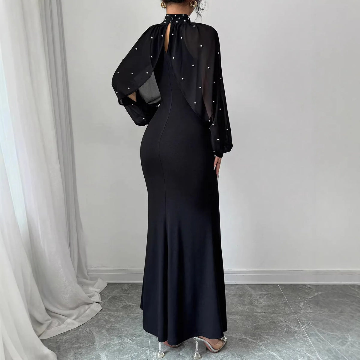 Vestido Formal Elegante de Manga Longa Estilo Sereia com Contas e Saia de Veludo Brilhante para Mulheres, Estilo Chic e Elegante