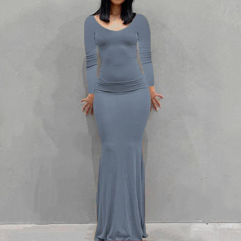 Novo vestido feminino longo, casual, justo, de manga comprida, para usar em casa