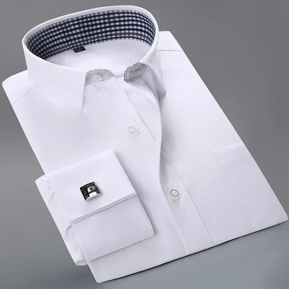 Quality French Cufflinks Shirt Men's Long Sleeve Tuxedo Male Brand Slim Fit White Button Cuff Social Men Dress Shirts