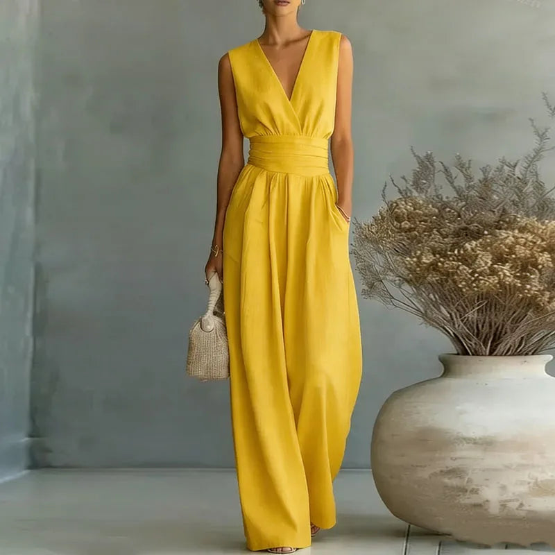 2026 Deep V Neck Women's Jumpsuits Elegant Solid High Waist Rompers Casual Wide Leg Pants Pocket Overalls Vacation Outfit Loose