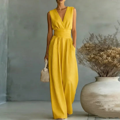 2026 Deep V Neck Women's Jumpsuits Elegant Solid High Waist Rompers Casual Wide Leg Pants Pocket Overalls Vacation Outfit Loose