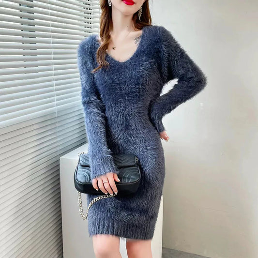 2023new vison veludo vestido de malha feminina outono inverno elástico fino camisola de fundo manga longa com decote em v senhora do escritório vestido elegante