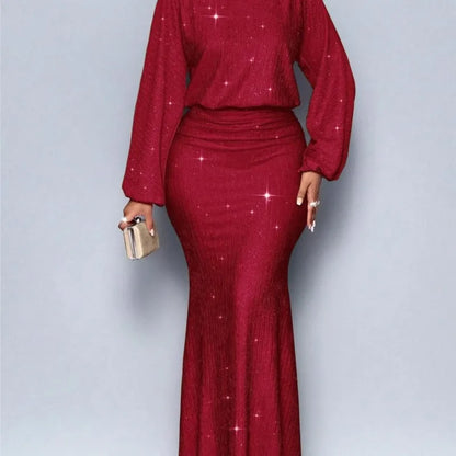 Vestido de Noite Elegante para Mulheres, Decote Redondo, Manga Longa, Saia em Cauda de Peixe Plissada, Vestido Sexy Longo e Slim para Primavera e Verão