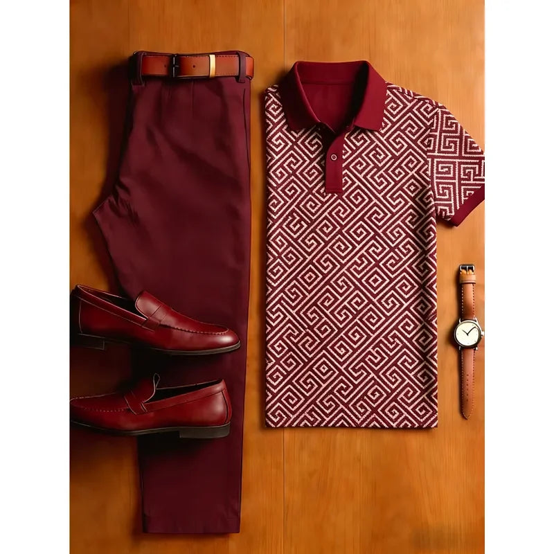Camisa polo masculina casual de manga curta com botões e estampa 3D, confortável.