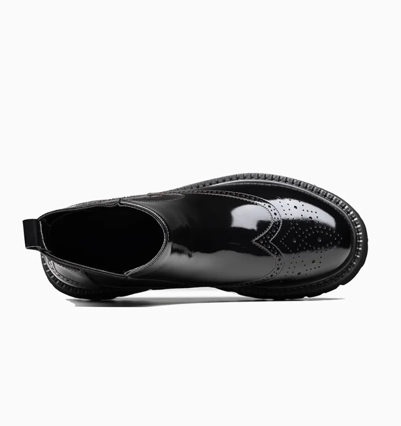 Estilo britânico masculino couro genuíno chelsea brogue em relevo botas curtas de alta qualidade sapatos de negócios sola grossa brilhante
