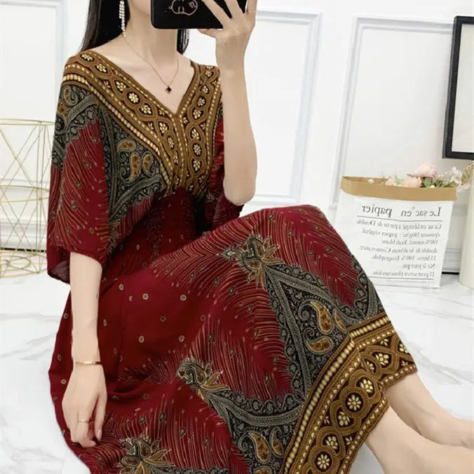 Flor colorida com decote em v elástico jovem boêmio doce midi vestido mulher roupas chique moda vestidos de verão 2025 grande balanço esqui