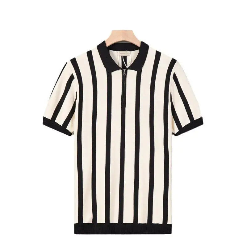 Turn-down Collar Zipper  Shirt Short Sleeve Ice Silk Knitted Stripe Pattern Fashionable Urban Style Men's Summer Top