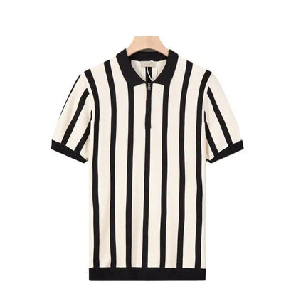 Turn-down Collar Zipper  Shirt Short Sleeve Ice Silk Knitted Stripe Pattern Fashionable Urban Style Men's Summer Top