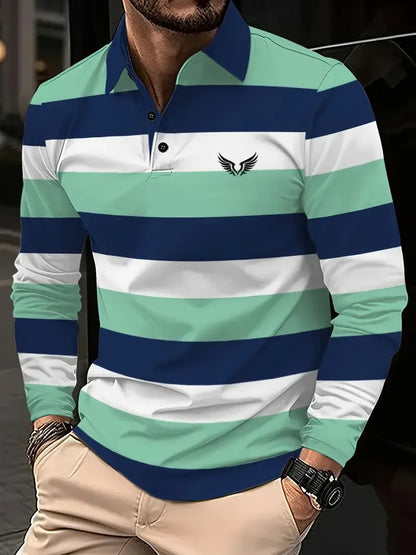 Classic minimalist striped long-sleeved men's polo shirt, fashionable autumn and winter men's casual golf oversized sportswear