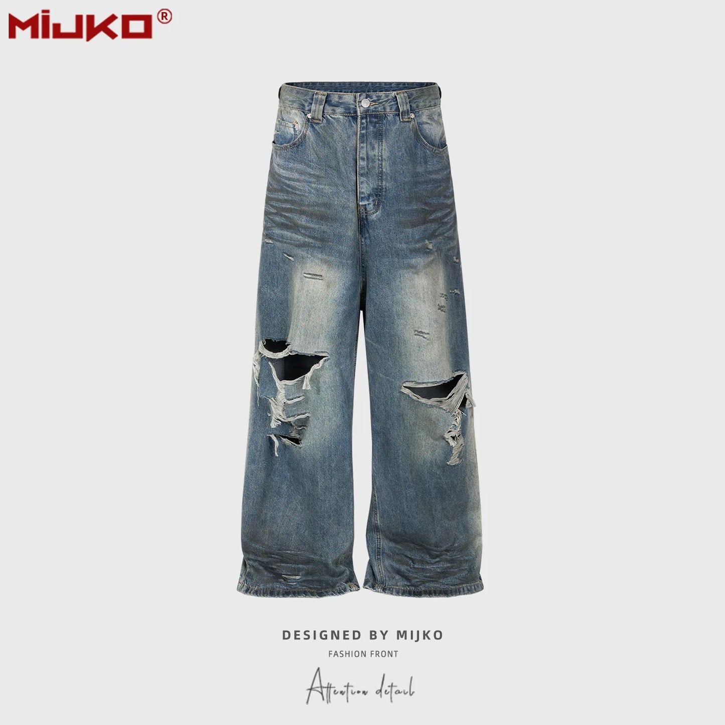 Mijko imagem real jeans desgastado buraco danificado baggy perna larga jeans masculino streetwear casual calças jeans calças de carga