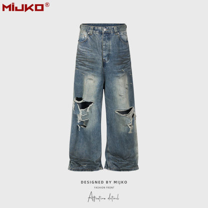Mijko imagem real jeans desgastado buraco danificado baggy perna larga jeans masculino streetwear casual calças jeans calças de carga
