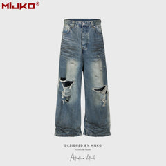 Mijko imagem real jeans desgastado buraco danificado baggy perna larga jeans masculino streetwear casual calças jeans calças de carga