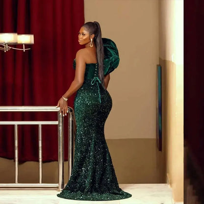 Verde Escuro Africano Sequined Prom Vestidos Mulheres Sexy Um Ombro Ruched Sereia Vestidos Segunda Recepção Robes Personalizado
